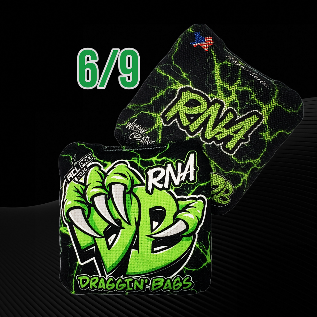 Green Lightning Design on a black background Draggin' Bags RNA Series Double Fast bag cornhole bag on a black and grey background